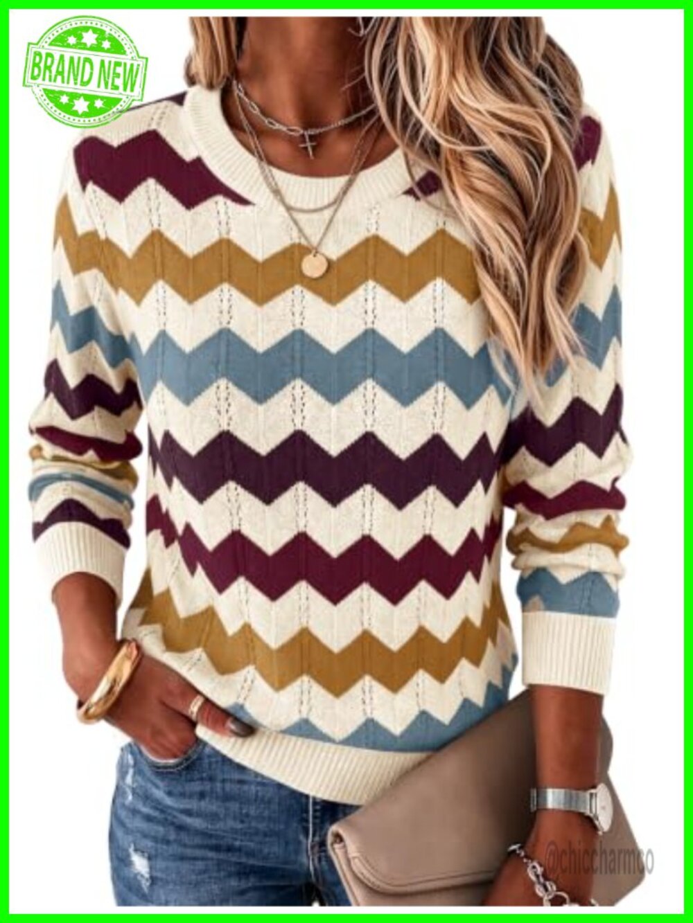 Womens Chevron Striped Knit Pullover Sweater Crew Neck Long Sleeve